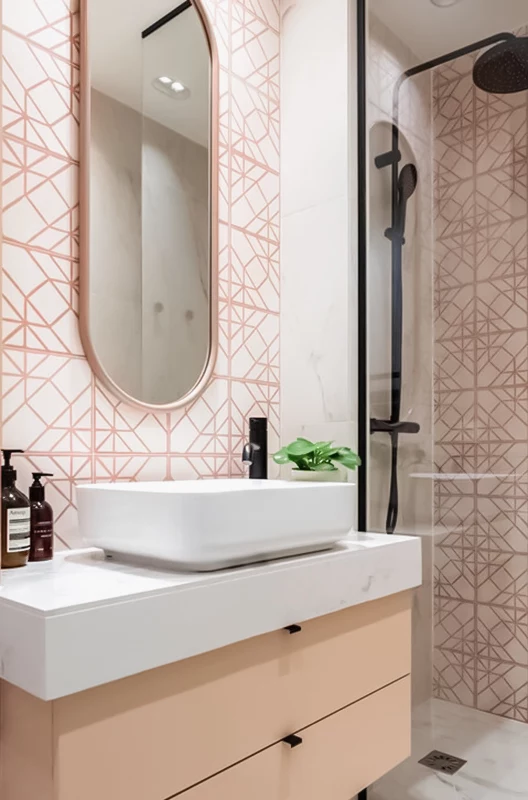 Handmade pink cement tiles on a modern bathroom